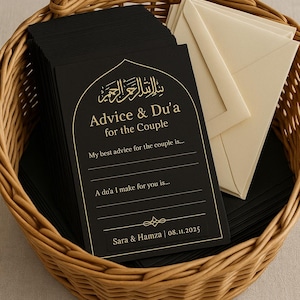 Cartes de visite islamiques noires et dorées | Cadeau de mariage Du'a imprimé | Carte de table musulmane élégante | Pack de messages d'invité Nikah | 10-100 pièces