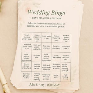 Bingospel Romantisch Huwelijk – Love Moments Edition | Gastenspel Floral Blush | Elegante activiteitenkaarten voor bruiloften (10–100 stuks)