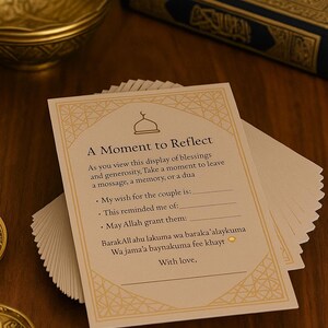 Tarjetas de reflexión para bodas islámicas / Tarjetas Dua en color moca dorado / Estación de mensajes para invitados musulmanes / Letrero de mesa para regalo de Barakah / 25–100 piezas