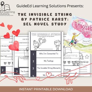 以下が含まれることがあります： パトリス・カースト著「The Invisible String」の小説研究のための印刷可能な教育資料のコレクション。画像には、ワークシート、本の表紙、テキスト「Instant Printable Download」が含まれています。