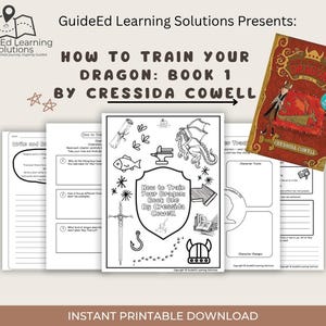 Può includere: Un'immagine con fogli di lavoro stampabili e la copertina del libro "How to Train Your Dragon: Book 1" di Cressida Cowell. La copertina del libro è rossa e dorata, i fogli di lavoro sono in bianco e nero.