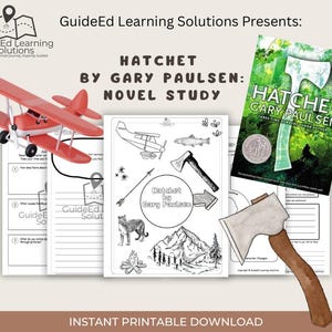 May include: A promotional image for a novel study of "Hatchet" by Gary Paulsen. The image features a red toy airplane, worksheets, and a book cover. The cover art includes an axe and the book title. The text "Instant Printable Download" is at the bottom.