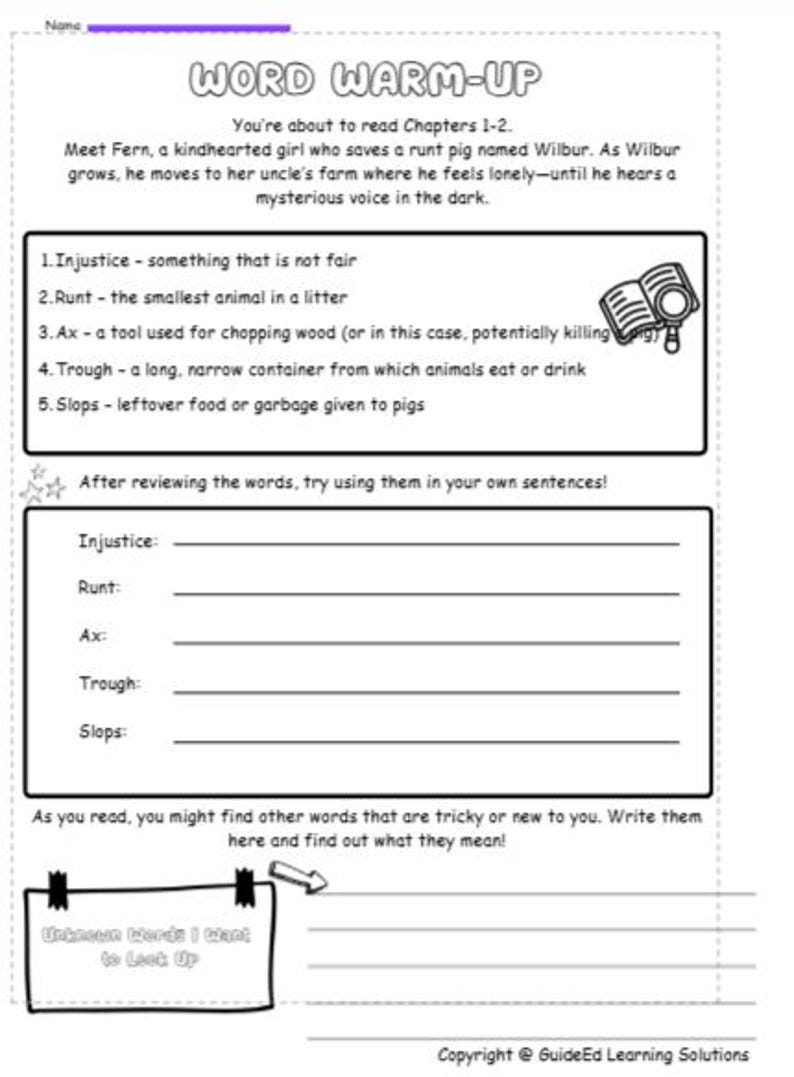 May include: A black and white worksheet titled "Word Warm-Up" with definitions for words like "injustice" and "runt." Includes fill-in-the-blank sentences and a section for unknown words. Copyright GuideEd Learning Solutions.