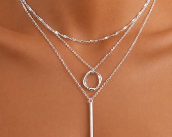 Sterling Silver Layered Necklace Set for Women, Trendy Stackable Choker Chain Necklace with Dainty Circle Pendant Jewelry Fashion Gift
