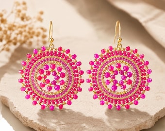Handmade Pink Crystal Beaded Statement Earrings, Boho Dangle Summer Fashion Jewelry