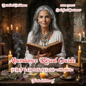 May include: An image of a woman with gray hair holding an open book. The text "Abundance Ritual Guide" is displayed, along with "PDF & Detailed Guide with photo" and "Fast delivery!" Candles and tarot cards are also visible.