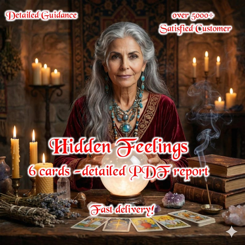 May include: A woman with long grey hair and a red velvet top, wearing turquoise jewellery, with a crystal ball. The image includes text reading "Hidden Feelings" and "6 cards - detailed PDF report". Candles and tarot cards are also visible.
