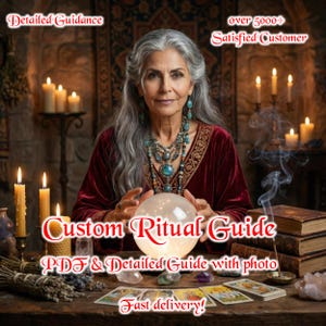 Puede incluir: Imagen de una mujer con cabello gris y un vestido de terciopelo rojo sosteniendo una bola de cristal brillante. El texto dice "Custom Ritual Guide" y "PDF & Detailed Guide with photo". Velas y libros sobre una mesa de madera.
