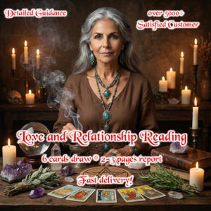 May include: An image of a woman with gray hair, wearing turquoise jewelry, and a brown top. The image includes candles, a crystal ball, tarot cards, and text that reads "Love and Relationship Reading" and "Fast delivery!"