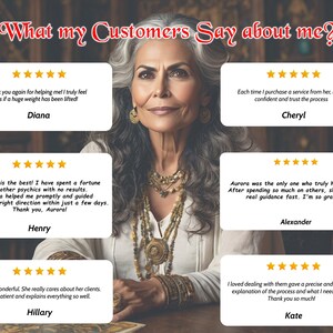 May include: Image of a woman with grey hair and jewellery, with customer testimonials. The text "What my Customers Say about me?" is at the top. Testimonials include star ratings and customer names.