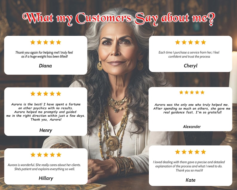 May include: Image of a woman with grey hair and jewellery, with customer testimonials. The text "What my Customers Say about me?" is at the top. Testimonials include star ratings and customer names.