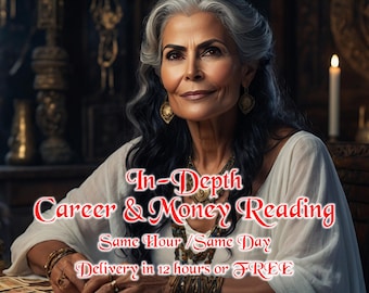 May include: An image of a woman with gray hair and a white top, with text that reads "In-Depth Career & Money Reading." The image also includes the text "6 cards draw" and "Detailed Report."