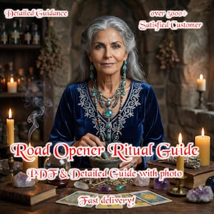 May include: A woman in a blue velvet top and turquoise jewellery, holding a mortar and pestle. The image includes text: "Road Opener Ritual Guide", "PDF & Detailed Guide with photo", "Detailed Guidance", and "over 5000+ Satisfied Customer". Candles and crystals are also visible.