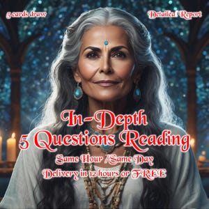 May include: An image of a woman with gray hair and a serene expression, adorned with turquoise jewelry. Text overlay reads "In-Depth 5 Questions Reading" and "5 cards draw". The background is a blurred, mystical scene.