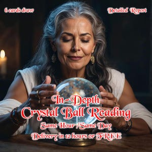 May include: An image of a woman with gray hair holding a crystal ball. The text on the image reads "In-Depth Crystal Ball Reading" and "6 cards draw". The image has a dark background and a candle is lit in the background.