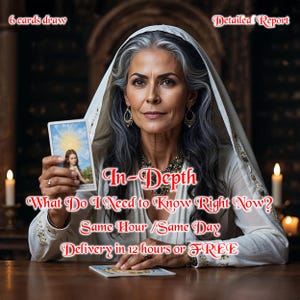 May include: An image of a woman with gray hair wearing a white head covering and a white dress, holding a tarot card. The image includes text that reads "6 cards draw", "Detailed Report", "In-Depth", and "What Do I Need to Know Right Now?"