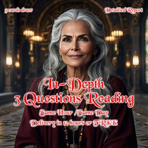 May include: An image of a woman with gray hair, wearing a maroon top and jewelry. Text overlay reads "In-Depth 3 Questions Reading" with additional text about delivery. The background is a blurred interior with warm lighting.