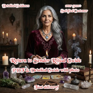 Peut inclure: Image d'une femme aux cheveux gris, vêtue d'un haut en velours bordeaux, tenant un paquet en feu. Le texte comprend "Return to Sender Ritual Guide" et "PDF & Detailed Guide with photo." Cristaux, bougies et cartes de tarot sur une table en bois.