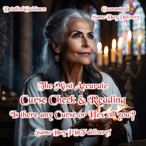 Peut inclure: Image d'une femme aux cheveux gris, vêtue d'un haut blanc et de bijoux, tenant des cartes de tarot. Le texte sur l'image indique "Detailed Guidance", "Guaranteed Same Day Delivery", et "The Most Accurate Curse Check & Reading".