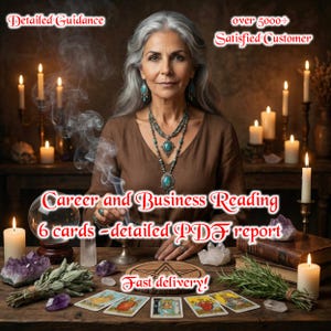 Pode incluir: Imagem de uma mulher com cabelo grisalho, usando joias turquesas e uma blusa marrom. A imagem inclui texto que diz "Detailed Guidance", "over 5000+ Satisfied Customer", "Career and Business Reading", "6 cards - detailed PDF report", e "Fast delivery!"