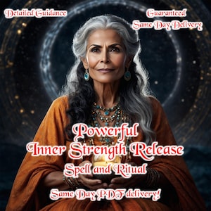 Puede incluir: Imagen de una mujer con cabello gris y chal naranja, adornada con joyas turquesas. El texto incluye "Detailed Guidance", "Guaranteed Same Day Delivery" y "Powerful Inner Strength Release Spell and Ritual."