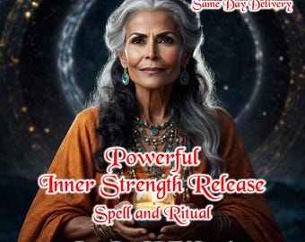 Puede incluir: Imagen de una mujer con cabello gris y chal naranja, adornada con joyas turquesas. El texto incluye "Detailed Guidance", "Guaranteed Same Day Delivery" y "Powerful Inner Strength Release Spell and Ritual."