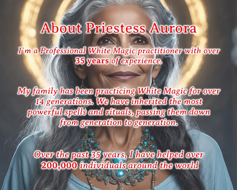 May include: A woman with grey hair and a blue top, wearing a turquoise necklace. The image includes text stating "About Priestess Aurora," describing her as a white magic practitioner with over 35 years of experience.
