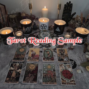 May include: A mystical scene featuring a tarot reading setup with candles, cards, and decorative elements. The cards are arranged on a patterned cloth, with the text "Tarot Reading Sample" displayed. The cards include "The Moon", "Strength", "The World", "The Chariot", "The Tower", "The Sun", and "The Star".