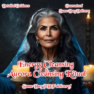Peut inclure: Image d'une femme aux cheveux gris et châle bleu, ornée de bijoux, tenant une bougie. Le texte sur l'image indique "Energy Cleansing & Aurora Cleansing Ritual", "Detailed Guidance" et "Guaranteed Same Day Delivery".