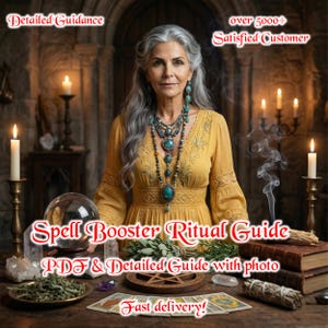 May include: A woman with silver hair and turquoise jewellery wearing a yellow dress. The image includes text that reads "Detailed Guidance", "over 5000+ Satisfied Customer", "Spell Booster Ritual Guide", "PDF & Detailed Guide with photo", and "Fast delivery!"