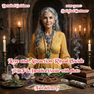 May include: An image of a woman with gray hair wearing a yellow dress and turquoise jewelry. Text on the image reads "Detailed Guidance", "over 5000+ Satisfied Customer", "Love and Attraction Ritual Guide", "PDF & Detailed Guide with photo", and "Fast delivery!"