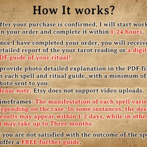 May include: A beige background displays text detailing a service's process. The text outlines steps including order confirmation, detailed reports, photo explanations, and timeframes for results, and a free guide.