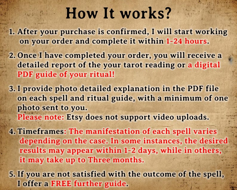 May include: A beige background displays text detailing a service's process. The text outlines steps including order confirmation, detailed reports, photo explanations, and timeframes for results, and a free guide.