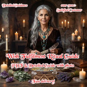 Könnte beinhalten: Eine Frau mit grauem Haar, Türkisschmuck und einem braunen Samt-Oberteil. Der Text "Wish Fulfilment Ritual Guide" und "PDF & Detailed Guide with photo" ist sichtbar. Kerzen und Kristalle sind ebenfalls im Bild.