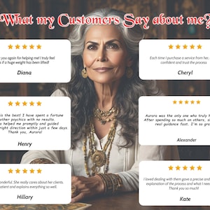 May include: A portrait of a woman with grey hair and a gold necklace, with customer testimonials. The image includes the text "What my Customers Say about me?" and several customer reviews with five-star ratings from Diana, Cheryl, Henry, Alexander, Hillary, and Kate.