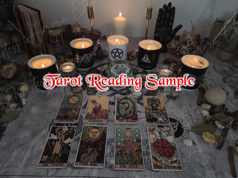May include: A mystical scene featuring a tarot reading setup with candles, cards, and decorative elements. The cards are arranged on a patterned cloth, with the text "Tarot Reading Sample" displayed. The cards include "The Moon", "Strength", "The World", "The Chariot", "The Tower", "The Sun", and "The Star".