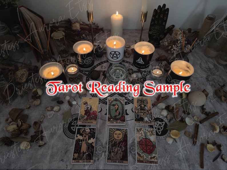 May include: A mystical scene with lit candles, tarot cards, and decorative items arranged on a patterned cloth. The text "Tarot Reading Sample" is visible. The arrangement suggests a tarot reading, creating a spiritual and atmospheric setting.