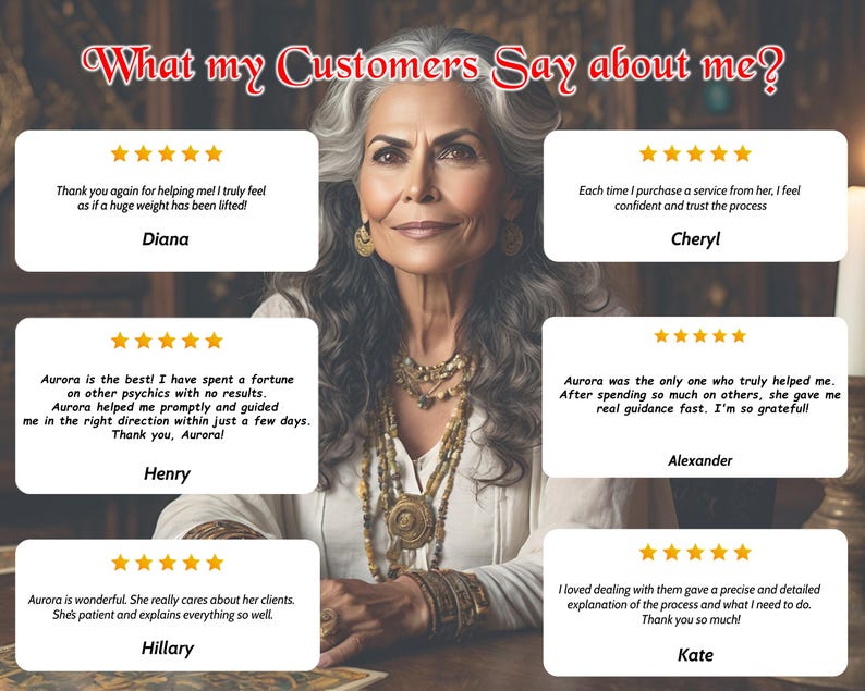 May include: A portrait of a woman with grey hair and a gold necklace, with customer testimonials. The image includes the text "What my Customers Say about me?" and several customer reviews with five-star ratings from Diana, Cheryl, Henry, Alexander, Hillary, and Kate.