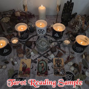 May include: A mystical arrangement with lit candles, tarot cards, and ritual objects. Candles are in black and white containers with symbols. Tarot cards are on a patterned surface. The text "Tarot Reading Sample" is displayed at the bottom of the image.