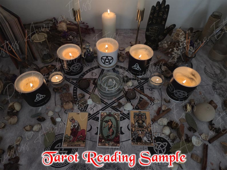 May include: A mystical arrangement with lit candles, tarot cards, and ritual objects. Candles are in black and white containers with symbols. Tarot cards are on a patterned surface. The text "Tarot Reading Sample" is displayed at the bottom of the image.