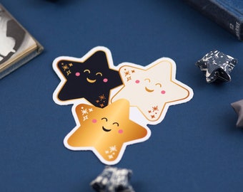 Cute Kawaii Stars Sticker, Large Vinyl Stickers, Space Themed Stationery, Blue Gold White