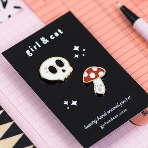 Skull and Toadstool Enamel Pin Duo, 2 x Pin Set - White, Red, Gold
