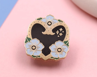 Floral Heart Enamel Pin - Black, Blue, Gold