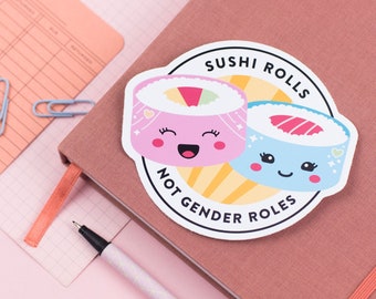 Rollos de sushi no roles de género pegatina de vinilo, lindo pastel Kawaii, pegatina grande, feminismo género no binario