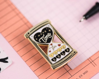 Make Time For Yourself Hourglass Enamel Pin - Pink, Black, Gold