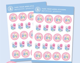 Take Your Meds Planner Stickers, Reminder Sticker Sheets, Self Care, Cute Kawaii Aesthetic