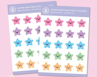 Mixed Emotions Star Planner Stickers, Cute Kawaii Stars, Pastel Feelings Mood Sticker Sheet