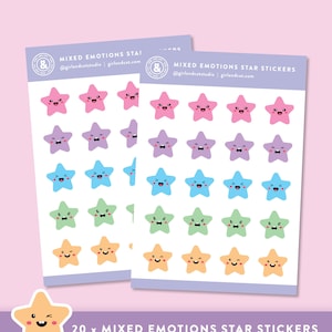Stickers pour agenda étoiles émotions mixtes, étoiles kawaii mignonnes, feuille d'autocollants humeur sentiments pastel