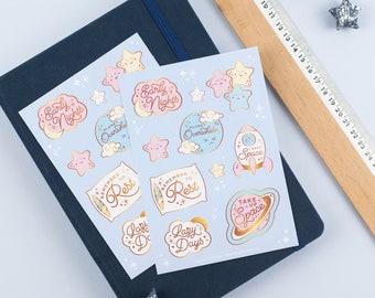 Pastel Space Themed Self Care Vinyl Sticker Sheet - A6 Rainbow Pink Yellow Blue