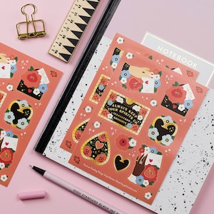 Red Tattoo Style Vinyl Sticker Sheet, Love Luck Friendship Vinyl Stickers - A6 Sticker Sheet